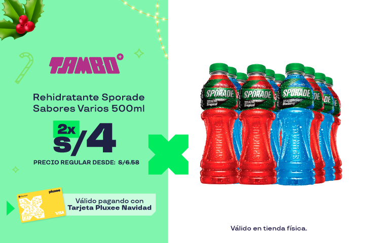REHIDRATANTE SPORADE SABORES VARIOS 500ML 2 X S/4.00. PRECIO REGULAR: S/6.58.